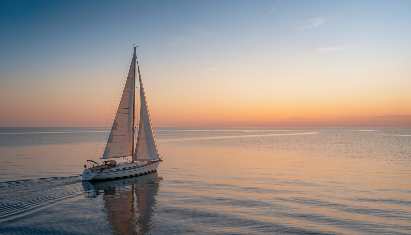 Velero navegando por aguas calmas al amanecer